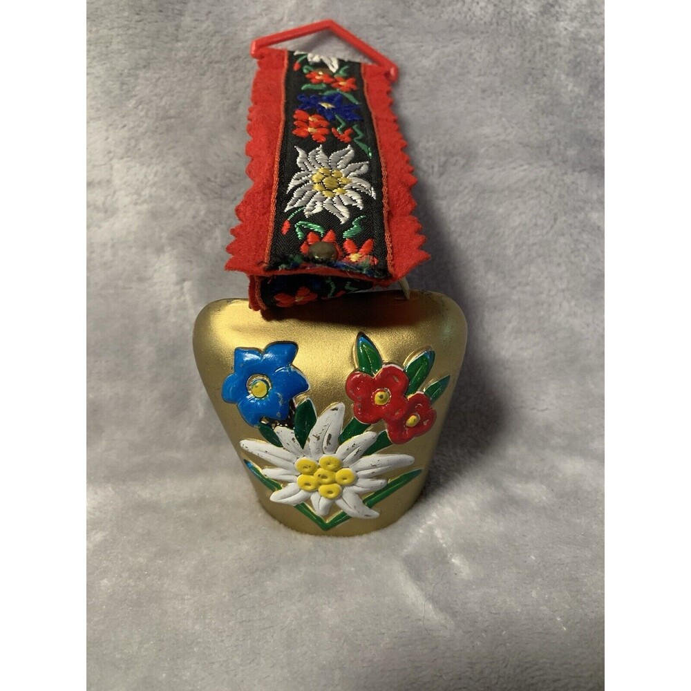 Vintage Swiss Brass Cow Bell Goat Sheep Hand Painted  Embroidered Strap Colorful